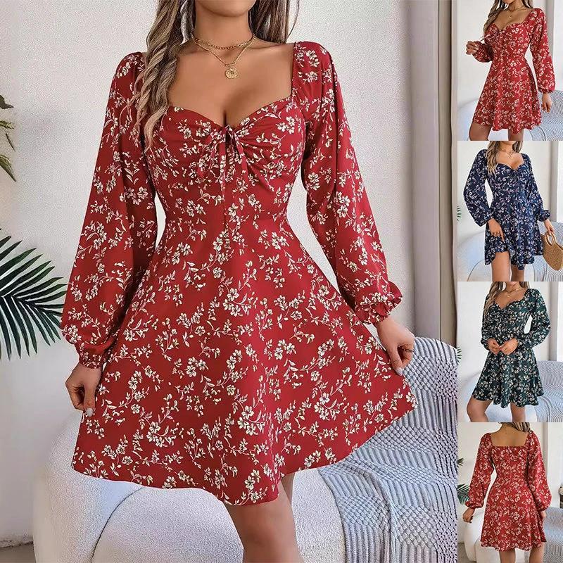Mandotos Floral Print Lantern Sleeve Dress Red Tie Square Neck A Line Long Sleeve