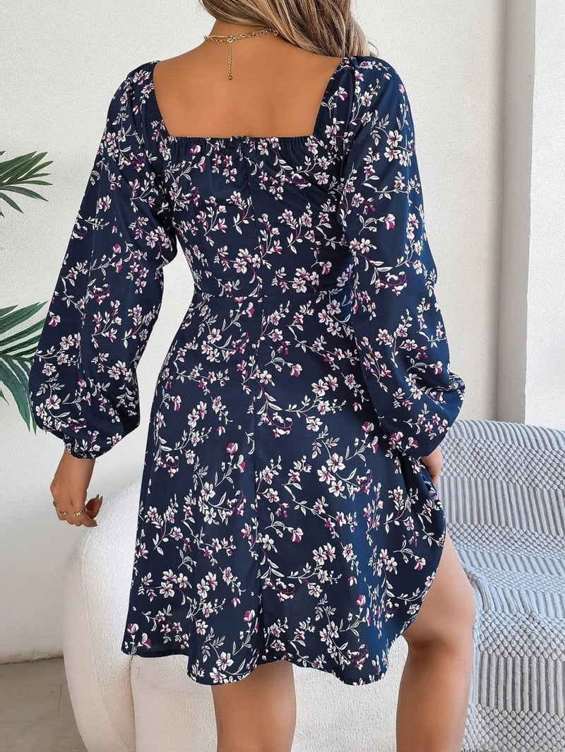 Mandotos Floral Print Lantern Sleeve Dress Red Tie Square Neck A Line Long Sleeve