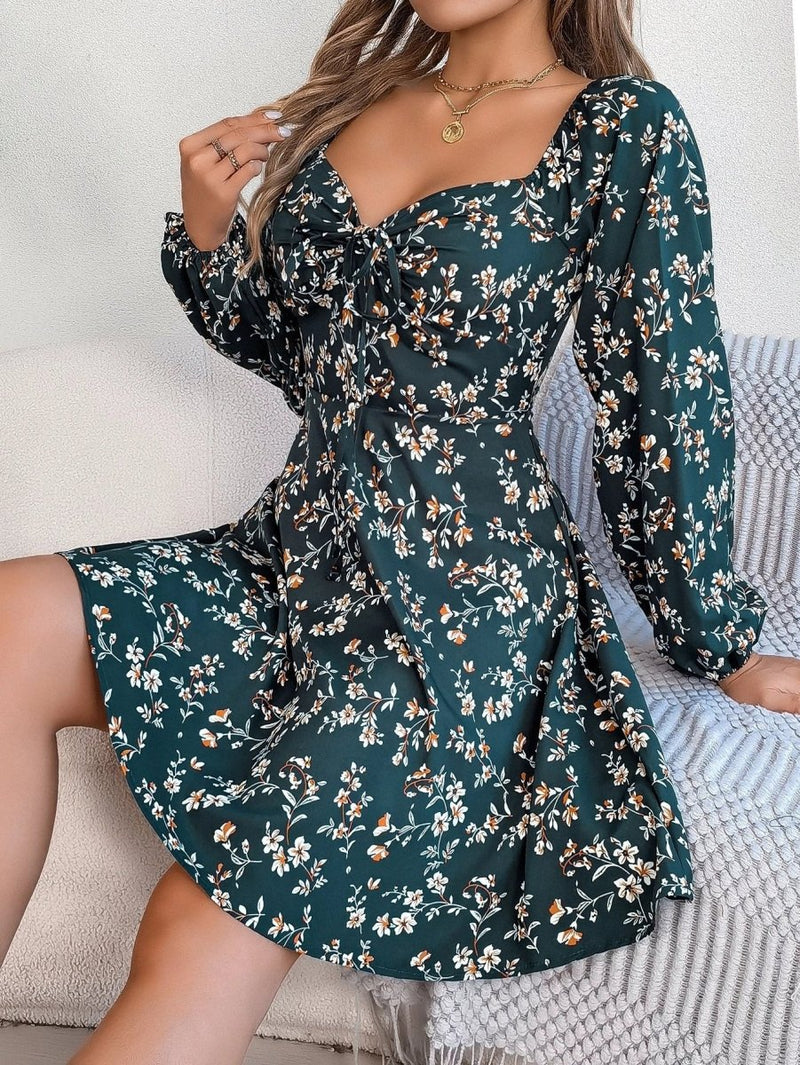 Mandotos Floral Print Lantern Sleeve Dress Red Tie Square Neck A Line Long Sleeve
