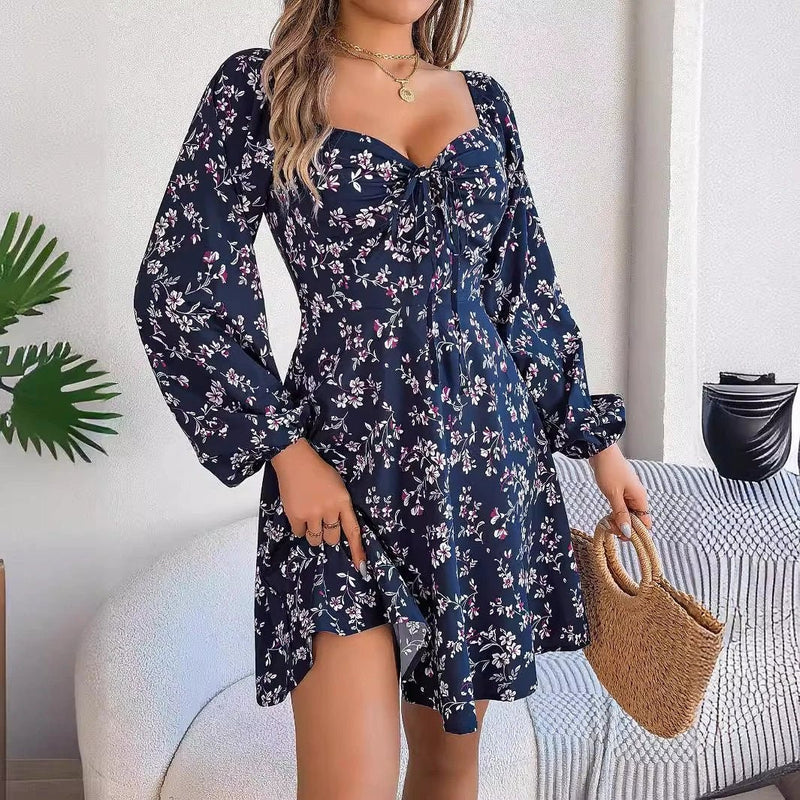 Mandotos Floral Print Lantern Sleeve Dress Red Tie Square Neck A Line Long Sleeve
