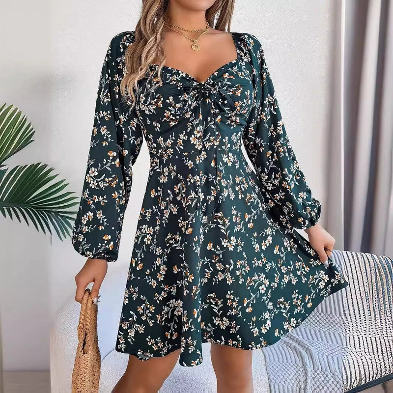 Mandotos Floral Print Lantern Sleeve Dress Red Tie Square Neck A Line Long Sleeve
