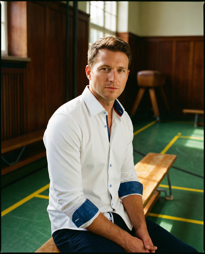 Ron// Cotton Knit-Stretch Button-Up Shirt With Contrast Details // White // Tailored Fit (Fitted)