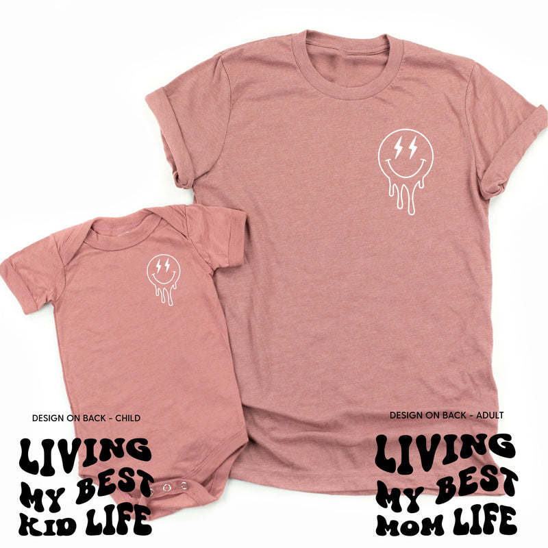 Living My Best Mom / Kid Life (w/ Melty Lightning Smileys) - Set of 2 Matching Shirts