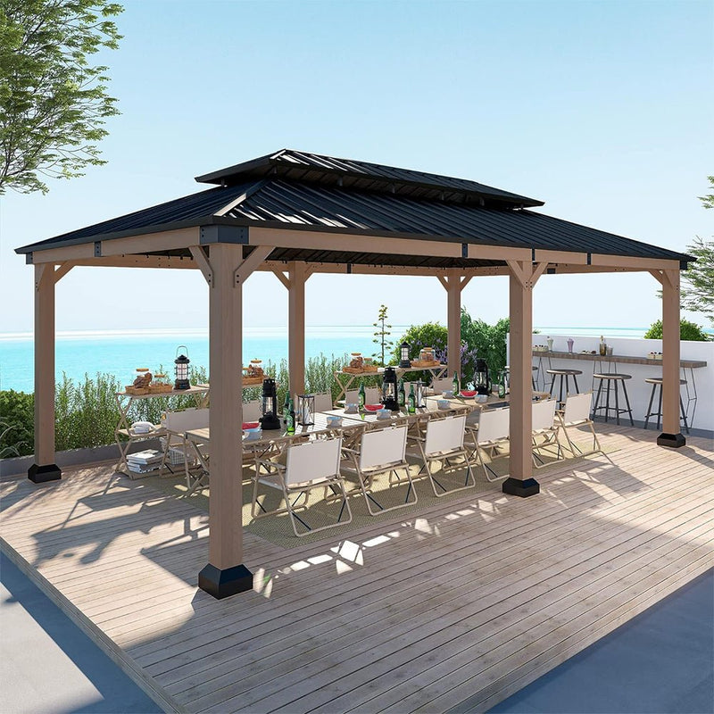 [12X20FT] Alora Heavy-Duty Backyard Cedar Wood Steel Hardtop Double Roof Gazebo Canopy (95726813)