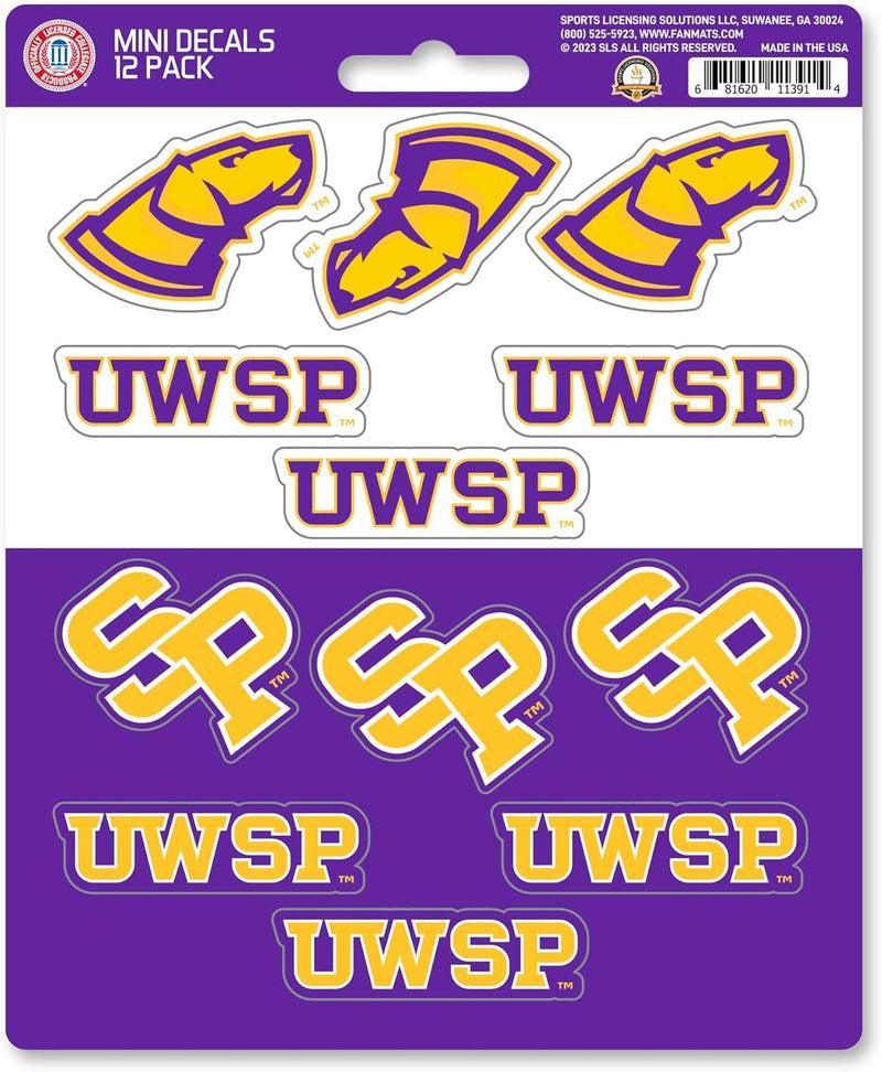 University of Wisconsin Stevens Point Pointers 12-Piece Mini Decal Sticker Set, 5x6 Inch Sheet, Gift for football fans for any hard surfaces around home, automotive, personal items