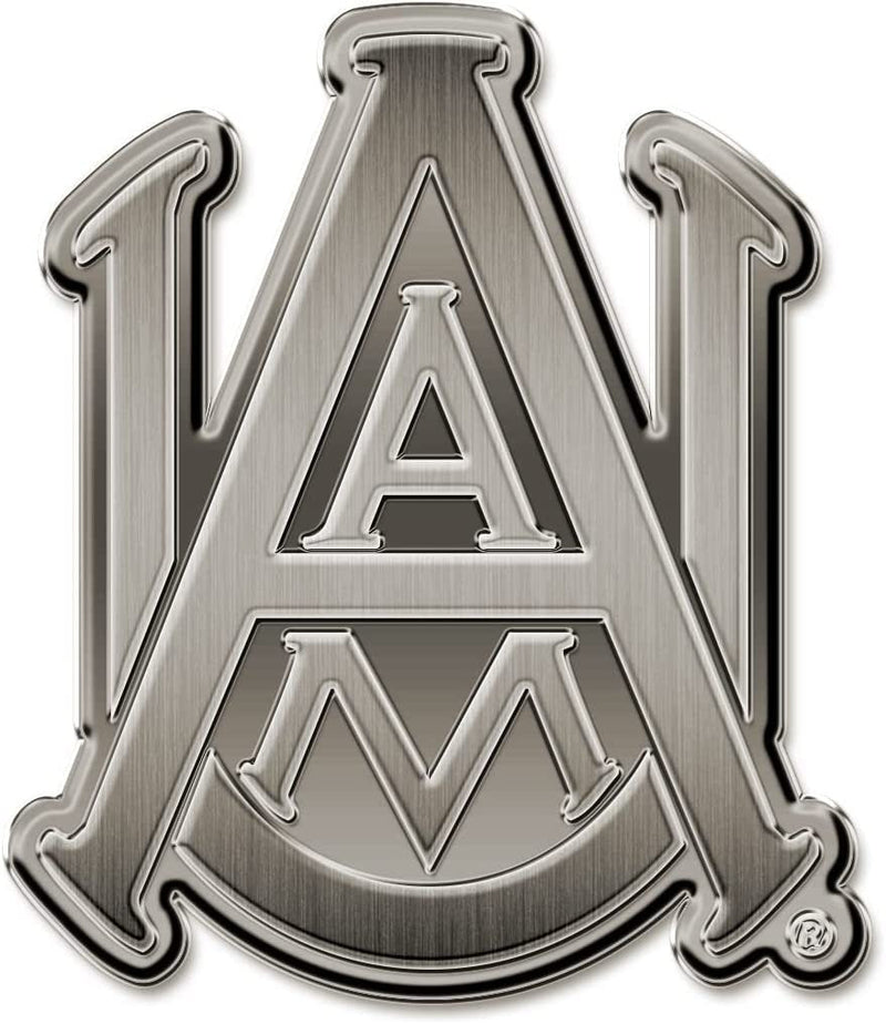 Alabama A&M University Bulldogs Premium Solid Metal Raised Auto Emblem, Antique Nickel Finish, Shape Cut, Adhesive Backing