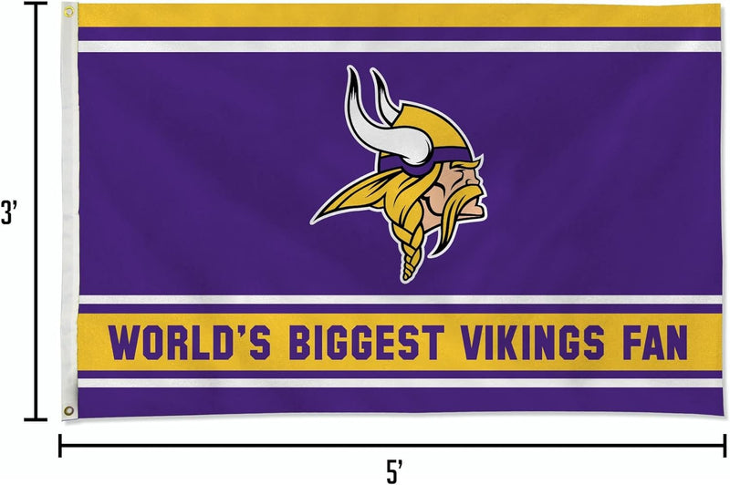 Minnesota Vikings 3x5 Feet Flag Banner, World's Biggest Fan, Metal Grommets, Single Sided, Indoor or Outdoor Use