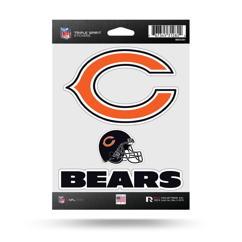 Chicago Bears 3 Piece Die Cut Decal Triple Sticker Sheet, 5x7 Inch