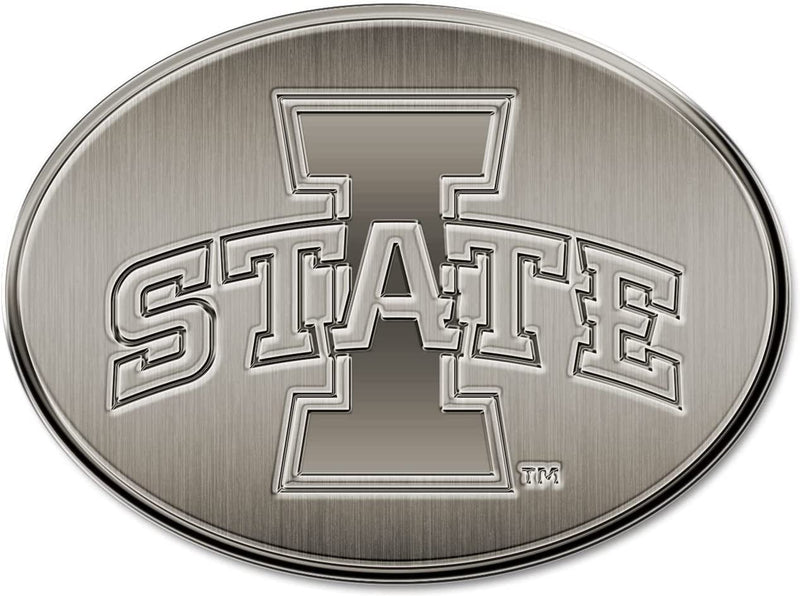 Iowa State University Cyclones Premium Solid Metal Raised Auto Emblem, Antique Nickel Finish, Shape Cut, Adhesive Backing