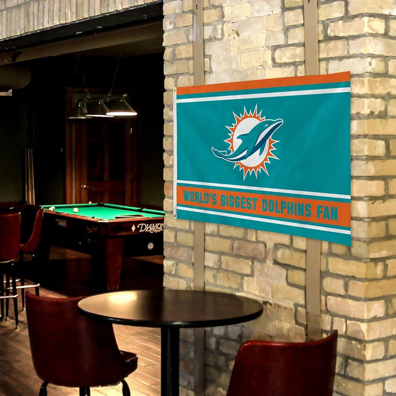 Miami Dolphins 3x5 Feet Flag Banner, World's Biggest Fan, Metal Grommets, Single Sided, Indoor or Outdoor Use