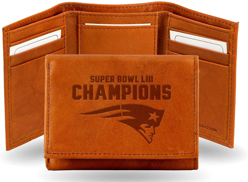 New England Patriots Super Bowl LIII Champions Premium Brown Leather Wallet, Trifold, Embossed Laser Engraved