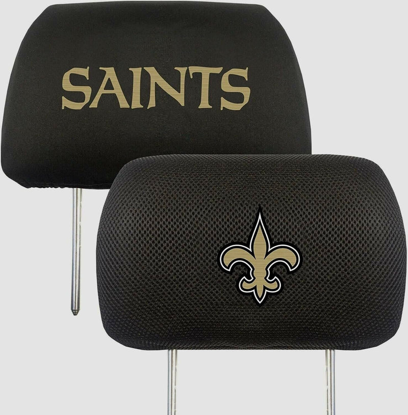 New Orleans Saints Pair of Premium Auto Head Rest Covers, Embroidered, Black Elastic, 14x10 Inch