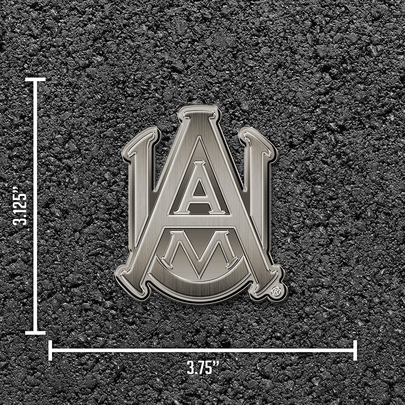 Alabama A&M University Bulldogs Premium Solid Metal Raised Auto Emblem, Antique Nickel Finish, Shape Cut, Adhesive Backing