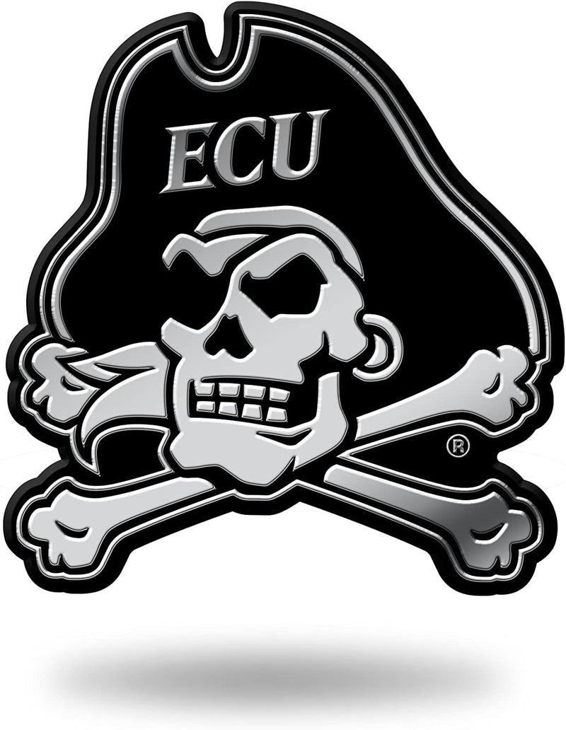 East Carolina University Pirates Auto Emblem, Silver Chrome Color, Raised Molded Plastic, 3.5 Inch, Adhesive Tape Backing