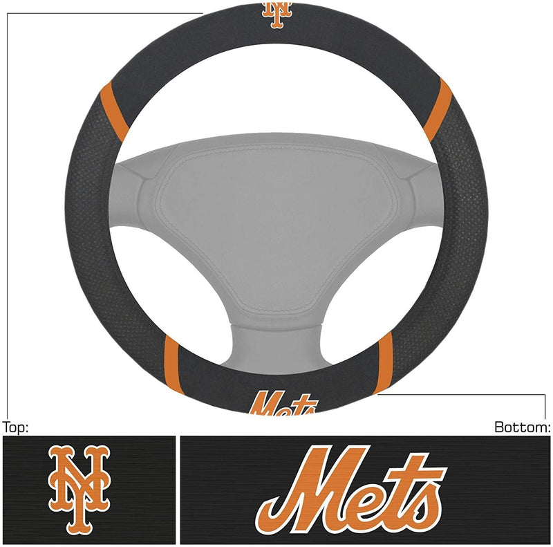 New York Mets Steering Wheel Cover Premium Embroidered Black 15 Inch