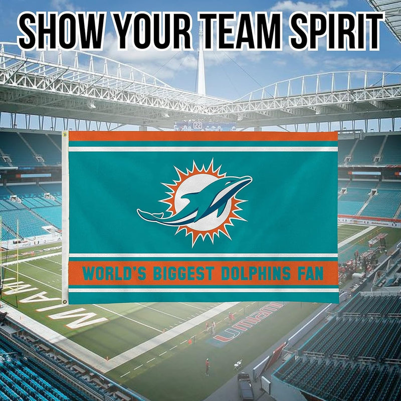 Miami Dolphins 3x5 Feet Flag Banner, World's Biggest Fan, Metal Grommets, Single Sided, Indoor or Outdoor Use