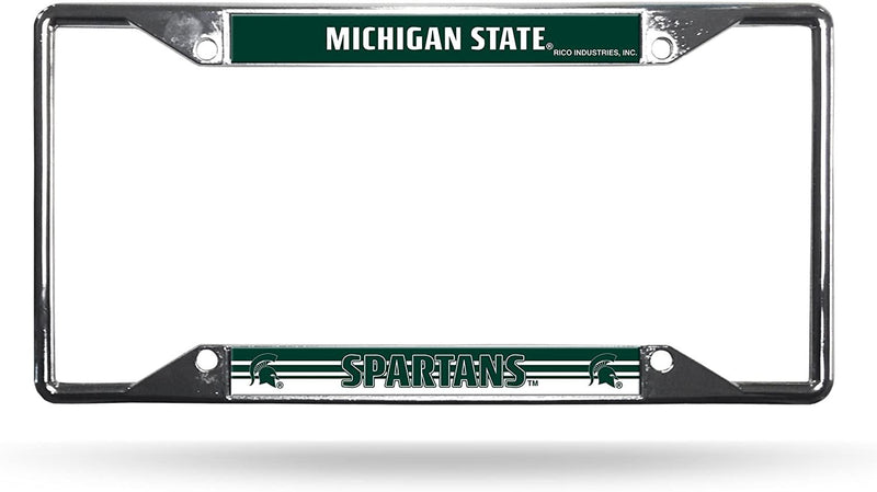 Michigan State University Spartans Metal License Plate Frame Chrome Tag Cover, EZ View Design, 12x6 Inch