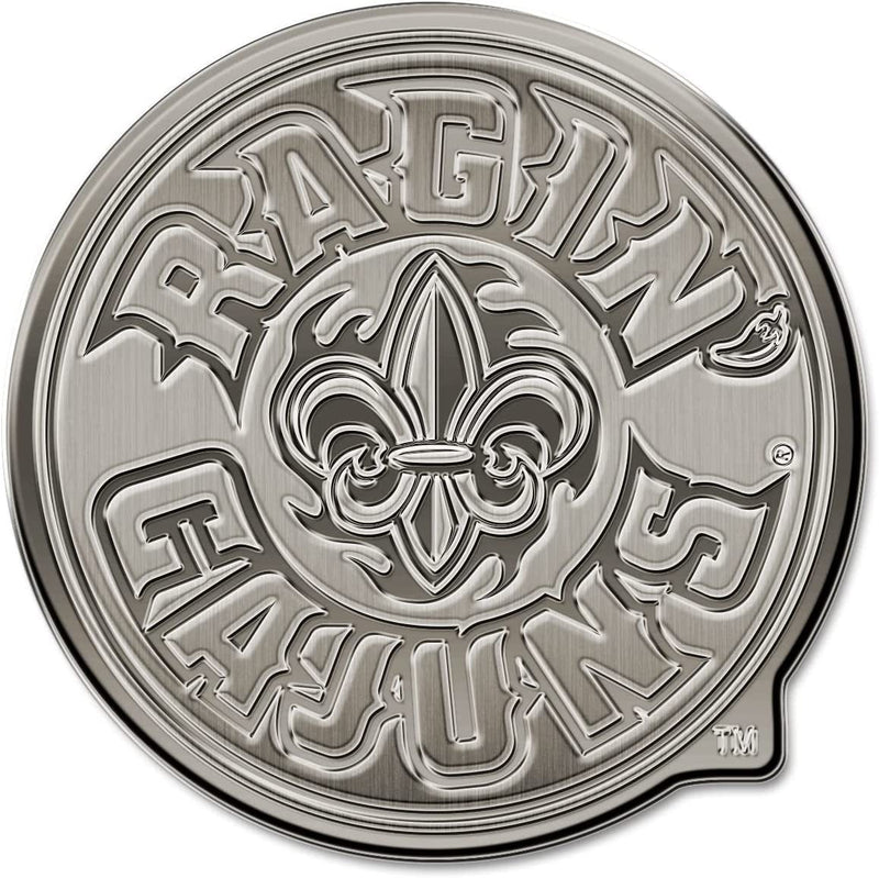University of Louisiana Lafayette Ragin Cajuns Solid Metal Raised Auto Emblem, Antique Nickel Finish, Shape Cut, Adhesive Backing