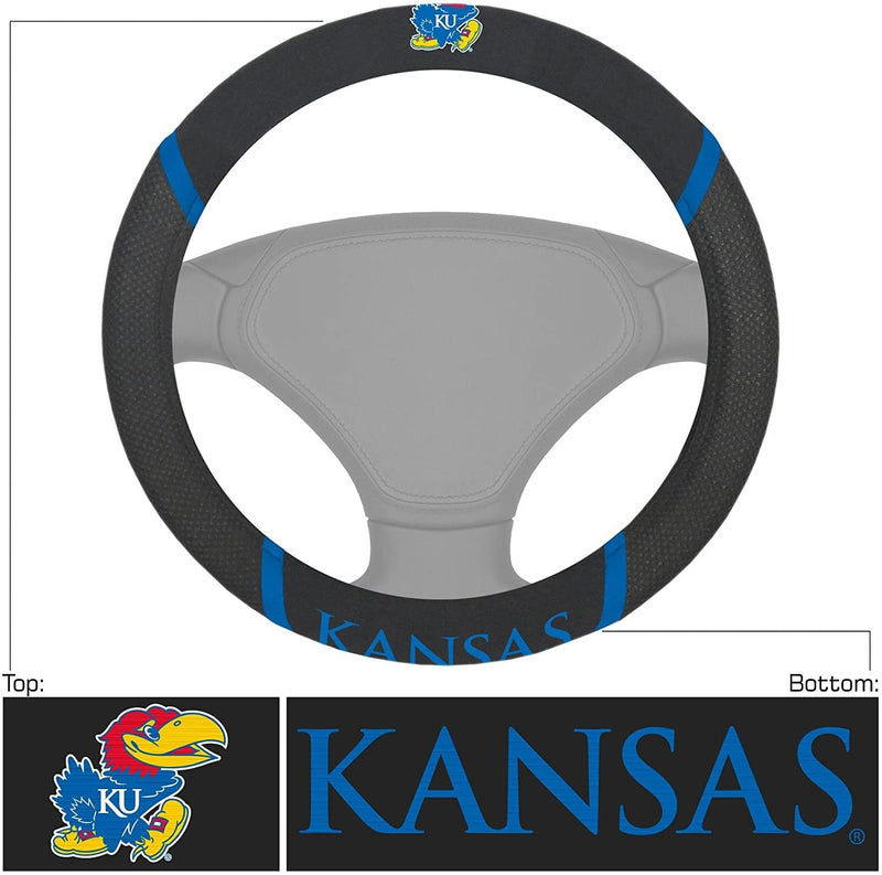 Kansas Jayhawks Steering Wheel Cover Premium Embroidered Black 15 Inch University of