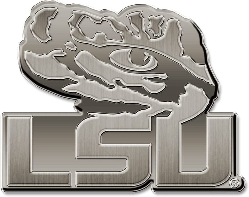 Louisiana State University LSU Tigers Premium Solid Metal Raised Auto Emblem, Antique Nickel Finish, Shape Cut, Adhesive Backing
