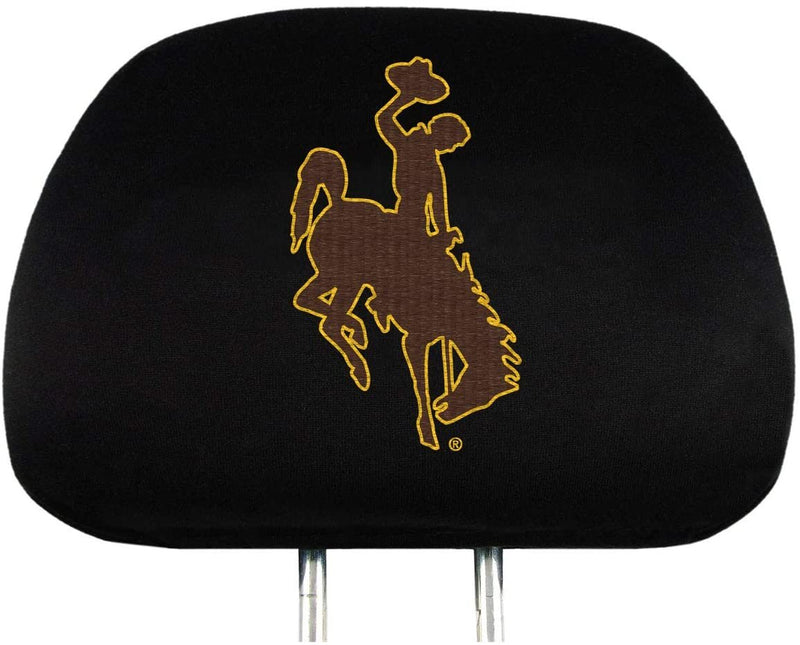 University of Wyoming Cowboys Pair of Premium Auto Head Rest Covers, Embroidered, Black Elastic, 14x10 Inch