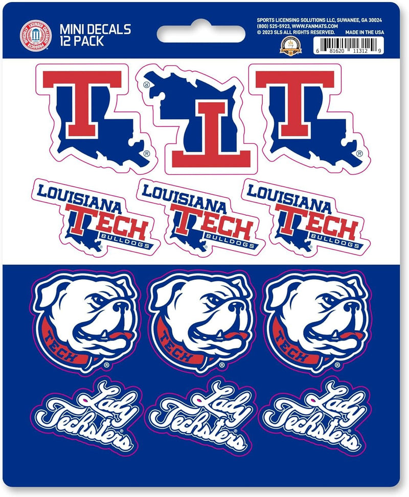 Louisiana Tech University Bulldogs 12-Piece Mini Decal Sticker Set, 5x6 Inch Sheet, Gift for football fans for any hard surfaces around home, automotive, personal items