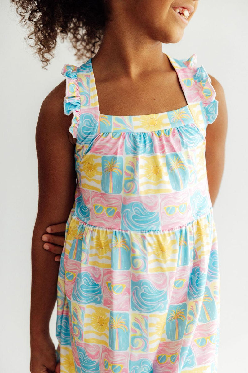 Tropical Summer Ruffle Cross Back Dress