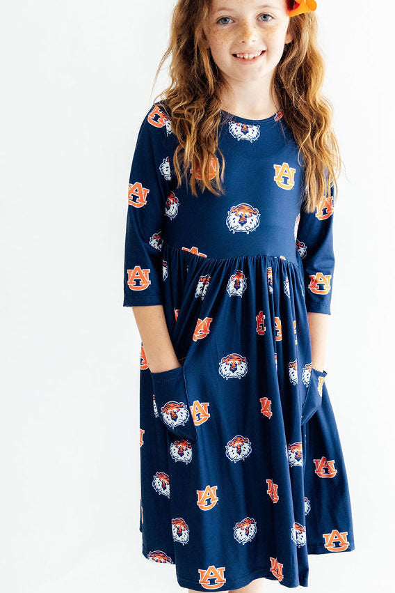 Auburn Blue Aubie 3/4 Sleeve Pocket Twirl Dress