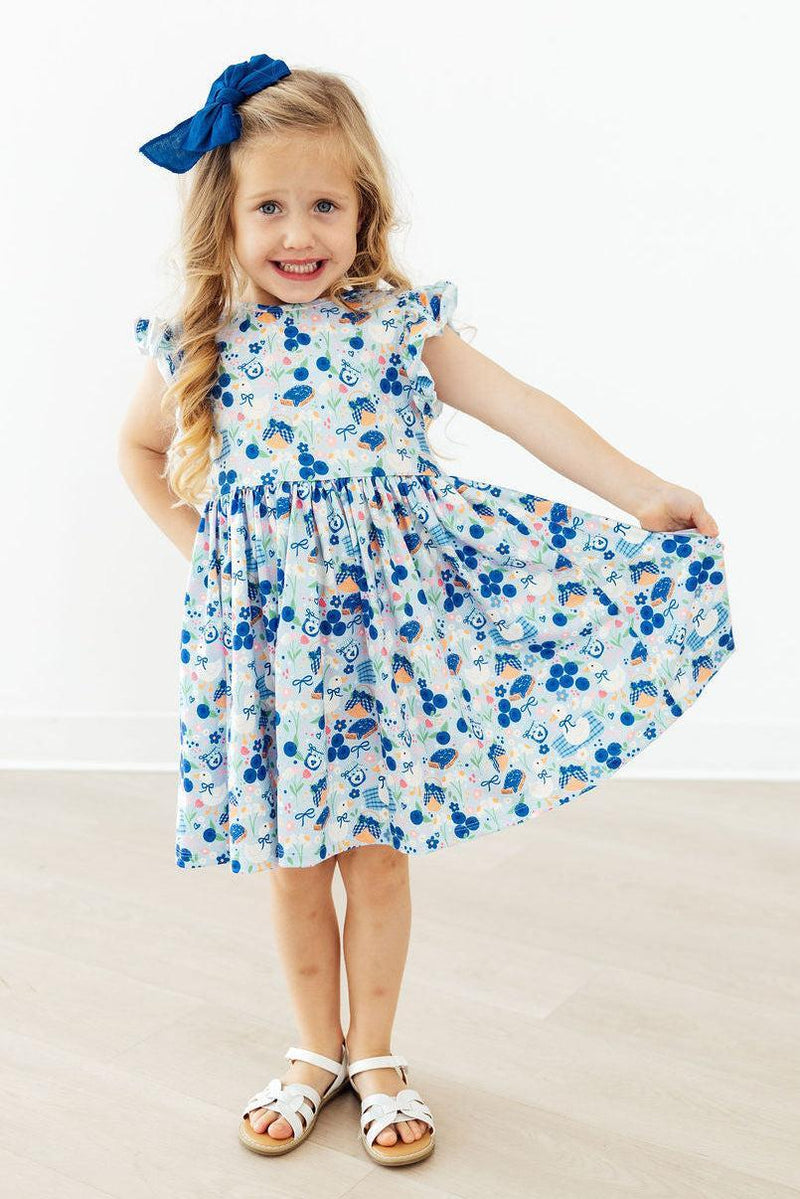 Blueberry Picnic Flutter Sleeve Twirl Dress