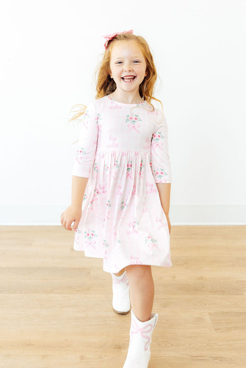 Big Sister Floral 3/4 Sleeve Pocket Twirl Dress
