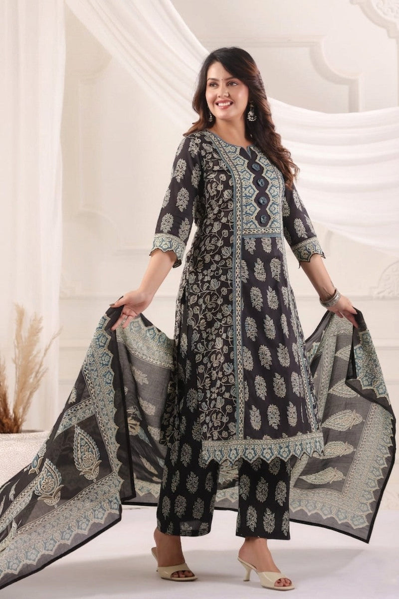 Elegant Black & Teal Floral Block Print Kurta Set – Premium 3-Piece Ethnic Wear