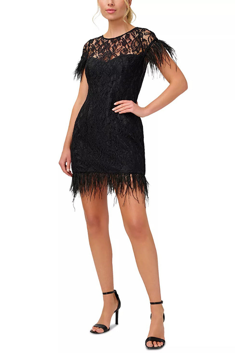 Aidan Mattox Crew Neck Short Feather Sleeves Back Zipper Mini Lace Dress