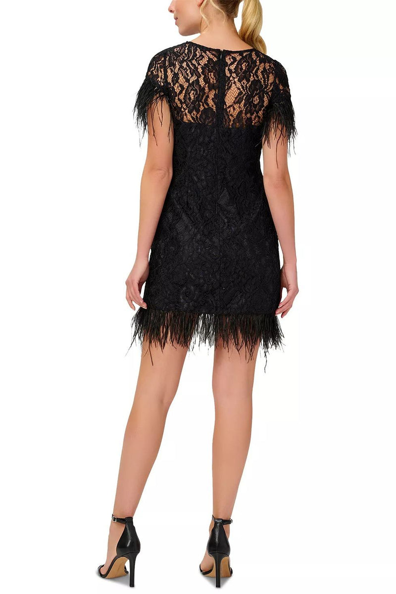 Aidan Mattox Crew Neck Short Feather Sleeves Back Zipper Mini Lace Dress