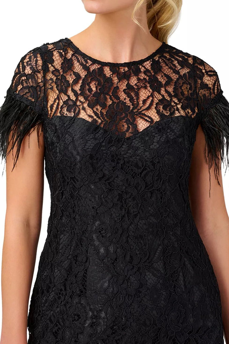 Aidan Mattox Crew Neck Short Feather Sleeves Back Zipper Mini Lace Dress