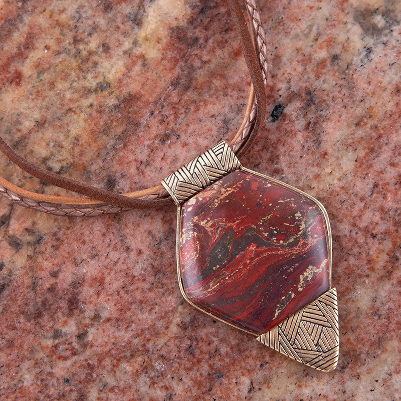 Modern Red Jasper and Golden Pendant Necklace