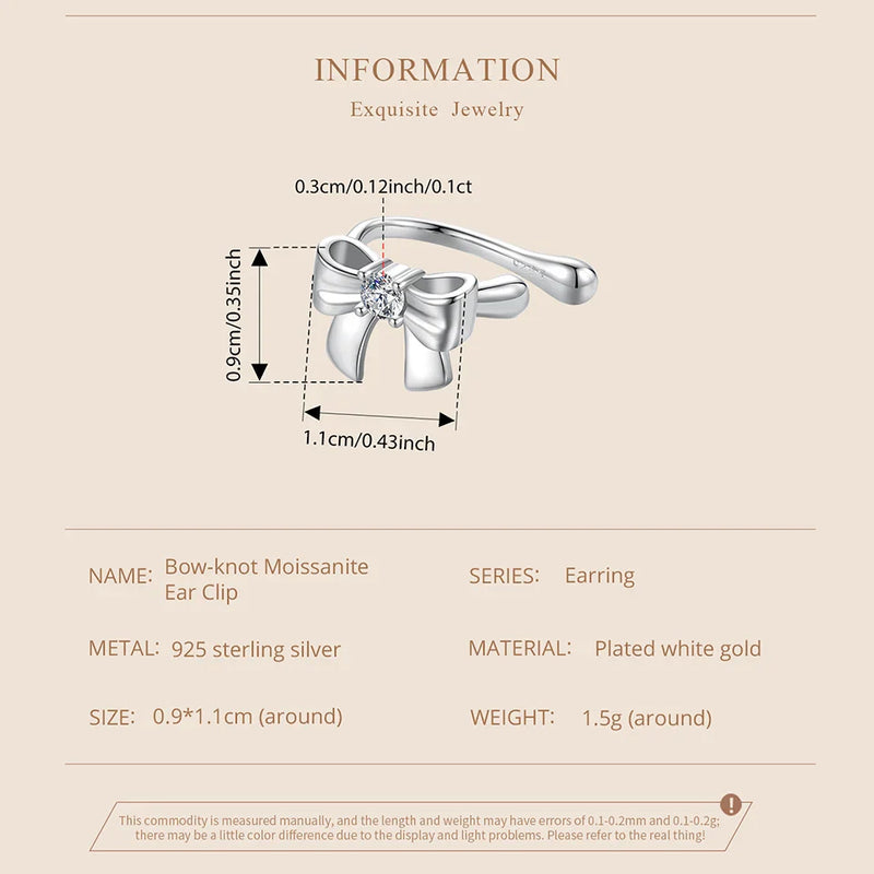 Moissanite Bowknot Stud Earrings S925 Silver Clip-On Wedding Engagement Gift