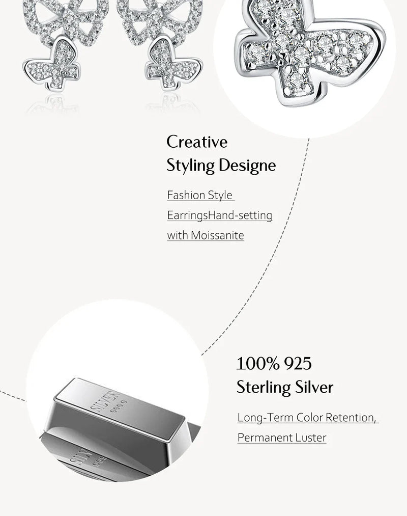 Moissanite Butterfly Stud Earrings 925 Sterling Silver Sparkle Wedding Jewelry