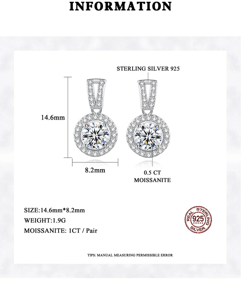 Moissanite Drop Earrings 925 Sterling Silver 1 Ct GRA Bridal Wedding Engagement