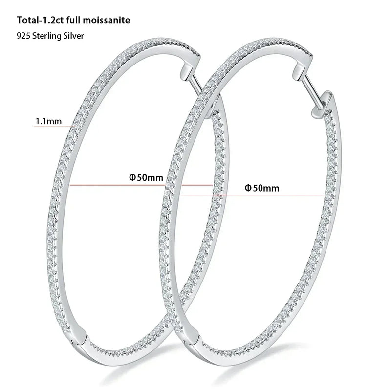 Moissanite Hoop Earrings 30/50mm Sterling Silver 925 Bridal Wedding Hoops
