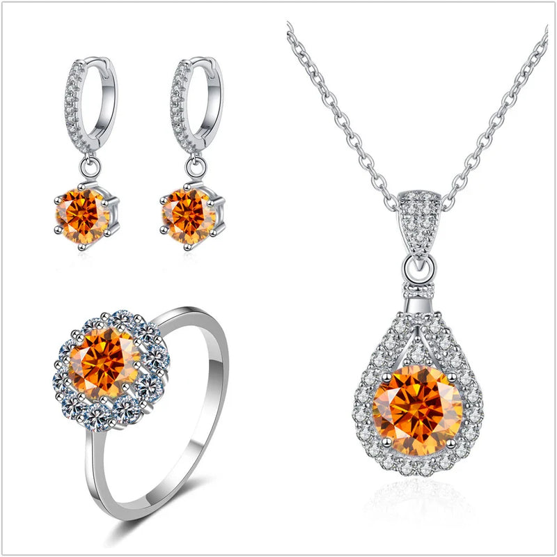 Moissanite Jewelry Set 925 Sterling Silver Ring Earring Pendant Necklace Bridal