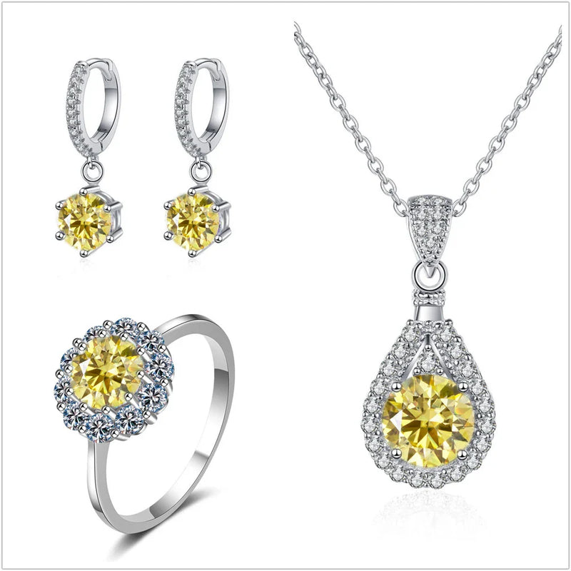 Moissanite Jewelry Set 925 Sterling Silver Ring Earring Pendant Necklace Bridal