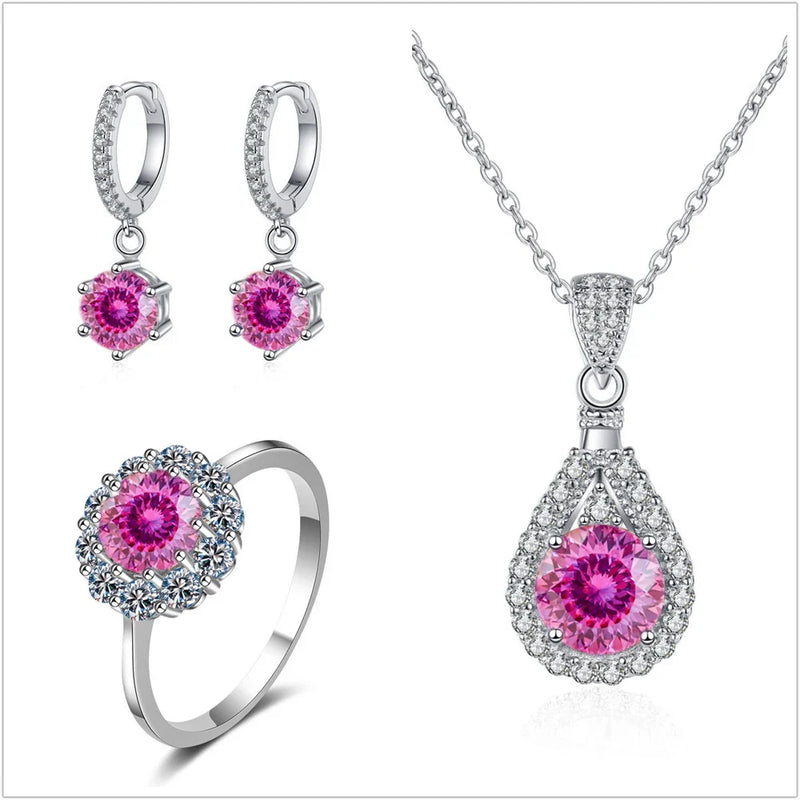 Moissanite Jewelry Set 925 Sterling Silver Ring Earring Pendant Necklace Bridal