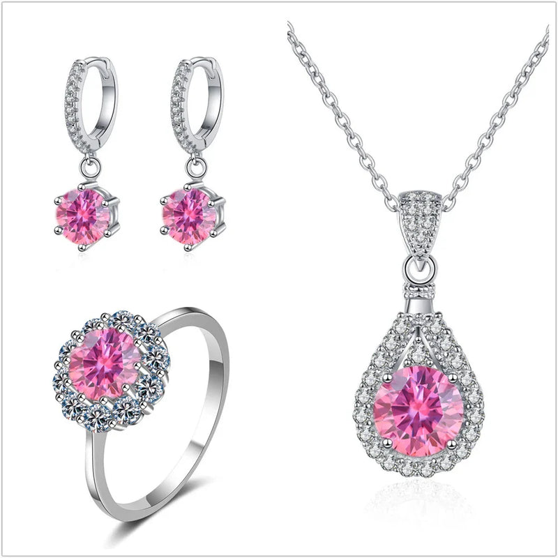 Moissanite Jewelry Set 925 Sterling Silver Ring Earring Pendant Necklace Bridal