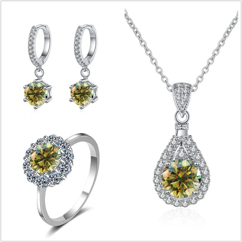 Moissanite Jewelry Set 925 Sterling Silver Ring Earring Pendant Necklace Bridal