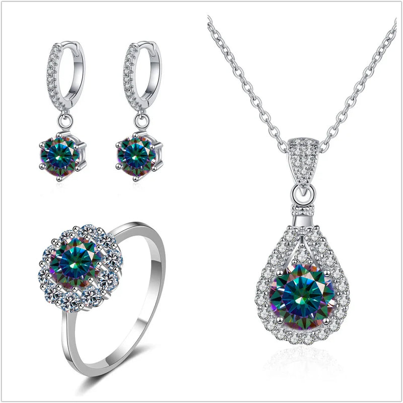 Moissanite Jewelry Set 925 Sterling Silver Ring Earring Pendant Necklace Bridal
