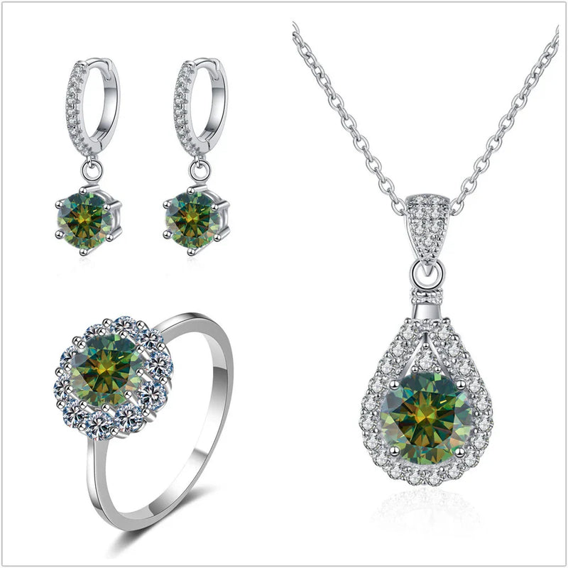 Moissanite Jewelry Set 925 Sterling Silver Ring Earring Pendant Necklace Bridal