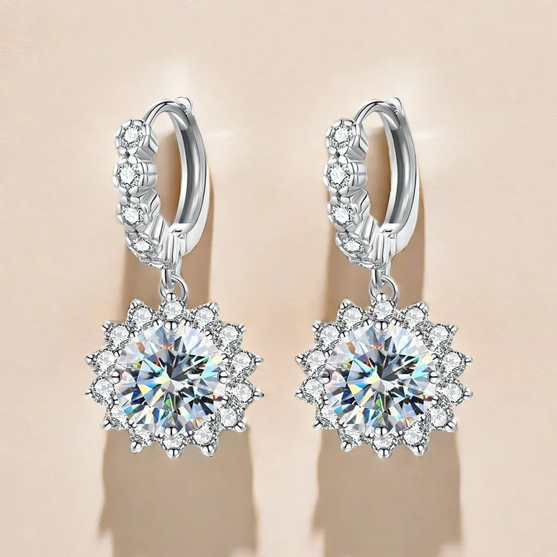 Moissanite Sunflower Drop Earrings 925 Sterling Silver Dainty Wedding Banquet