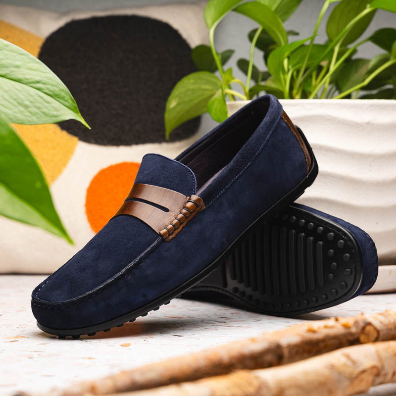 36-300-NVY MONZA Sueded Italian Calfskin Driver Navy / Chestnut