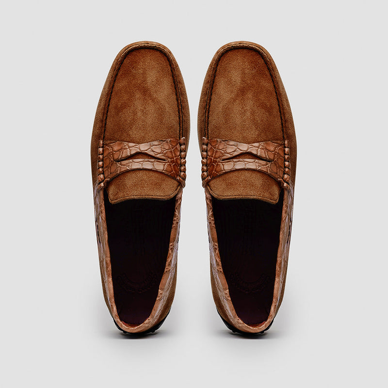 31-160-CGN MONZA Sueded Calfskin with Crocodile Driver, Cognac