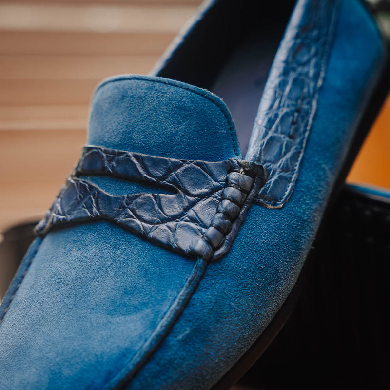 31-160-DNM MONZA Sueded Calfskin with Crocodile Driver Denim